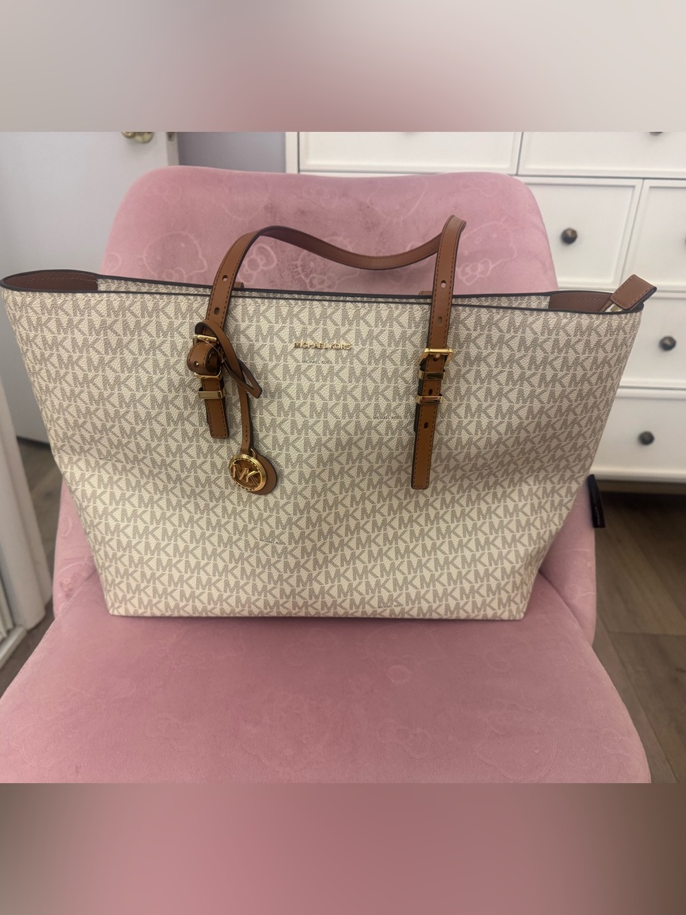 Michael Kors Beige Signature Tote with Brown Trim and Gold Charm